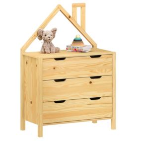 Commode Enfant ELANO en Bois Massif coloris naturel avec 3 Tiroirs de Rangement, 84 x 120 x 41 cm, Meuble Chambre
