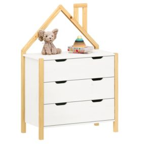 Commode Enfant ELANO en Bois Massif coloris naturel et blanc avec 3 Tiroirs de Rangement, 84 x 120 x 41 cm