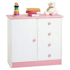Commode enfant RONDO lasuré blanc et rose en pin passif buffet meuble de rangement pour chambre enfant avec 4 tiroirs et une porte