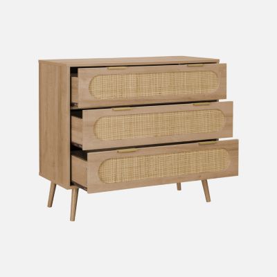Commode. Eva. décor bois et cannage arrondi. 3 tiroirs L 90 x l 39 x H 79cm