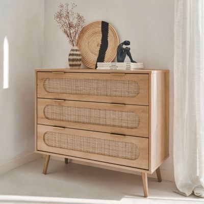 Commode. Eva. décor bois et cannage arrondi. 3 tiroirs L 90 x l 39 x H 79cm
