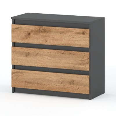 Commode Gris + Chêne Wotan 3 tiroirs 80 cm,  meuble TV pour salon ou chambre