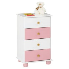 Commode ISABELLA chiffonnier apothicaire rangement avec 4 tiroirs en pin massif lasuré blanc et rose