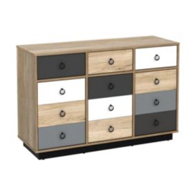 Commode KRYPTON - 3 tiroirs et 3 portes - Coloris : chêne, blanc et gris