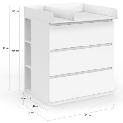 Commode à langer évolutive AMBRE blanc 3 tiroirs table à langer et 2 étagères amovibles