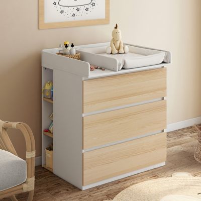 Commode à langer évolutive AMBRE façon hêtre et blanc 3 tiroirs table à langer et 2 étagères amovibles