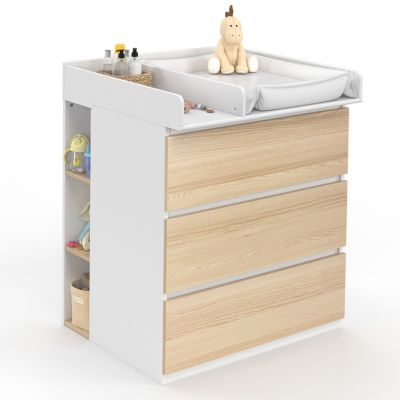 Commode à langer évolutive AMBRE façon hêtre et blanc 3 tiroirs table à langer et 2 étagères amovibles