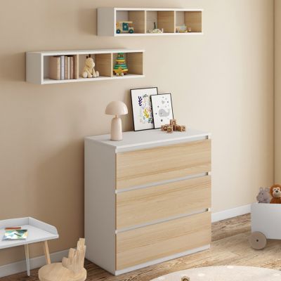 Commode à langer évolutive AMBRE façon hêtre et blanc 3 tiroirs table à langer et 2 étagères amovibles