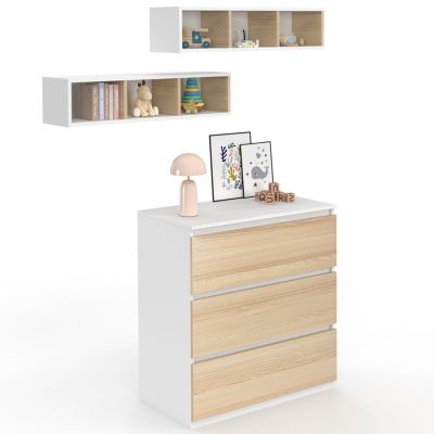 Commode à langer évolutive AMBRE façon hêtre et blanc 3 tiroirs table à langer et 2 étagères amovibles