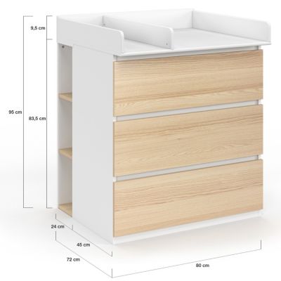 Commode à langer évolutive AMBRE façon hêtre et blanc 3 tiroirs table à langer et 2 étagères amovibles