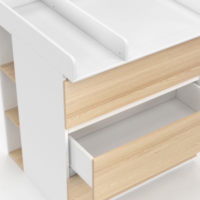 Commode à langer évolutive AMBRE façon hêtre et blanc 3 tiroirs table à langer et 2 étagères amovibles