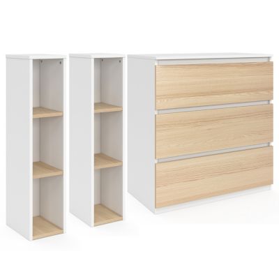 Commode à langer évolutive AMBRE façon hêtre et blanc 3 tiroirs table à langer et 2 étagères amovibles