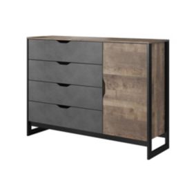 Commode LAONILE - 1 porte et 4 tiroirs - Noyer et anthracite