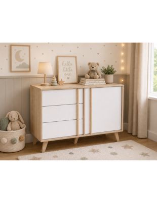 Commode MALMO 1 porte et 3 tiroirs  Chene clair et blanc