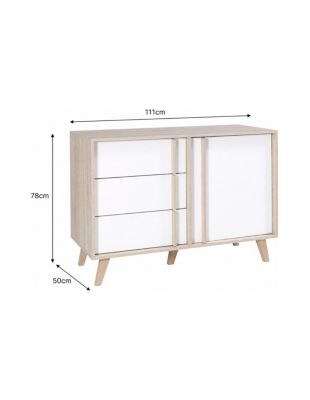 Commode MALMO 1 porte et 3 tiroirs  Chene clair et blanc