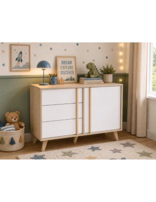 Commode MALMO 1 porte et 3 tiroirs  Chene clair et blanc