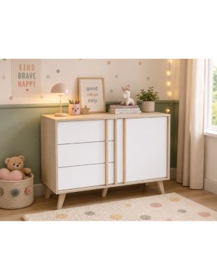 Commode MALMO 1 porte et 3 tiroirs  Chene clair et blanc