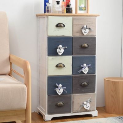 Commode Meuble 10 Tiroirs Bois Blue Gris Blanc Retro 88x48x30