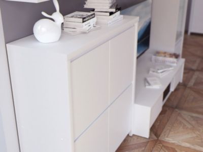 Commode Meuble de rangement 4 portes, coloris Blanc/Blanc Mat - Longueur 105 x Profondeur 40,5 x Hauteur 112,5 cm