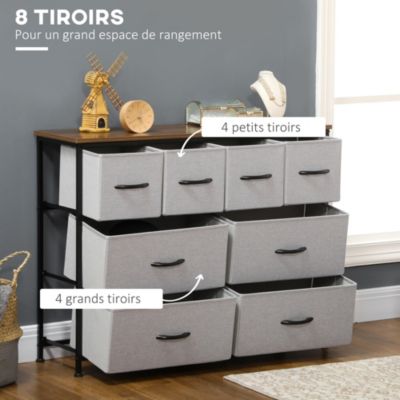 Commode meuble de rangement 8 tiroirs - dim. 100L x 30l x 78H cm - structure acier noir tissu pliant gris