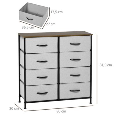 Commode meuble de rangement 8 tiroirs pliables châssis acier noir plateau aspect bois non tissé gris