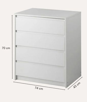 Commode, Meuble de rangement avec 4 tiroirs coloris blanc - Hauteur 74 x Longueur 70 x profondeur 45 cm