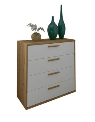Commode, Meuble de rangement avec 4 tiroirs coloris chêne Albar, blanc - Hauteur 86 x Longueur 88 x profondeur 40 cm