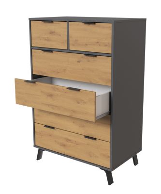 Commode, meuble de rangement avec 6 tiroirs coloris gris, chêne - Hauteur 122 x Longueur 80 x profondeur 48 cm