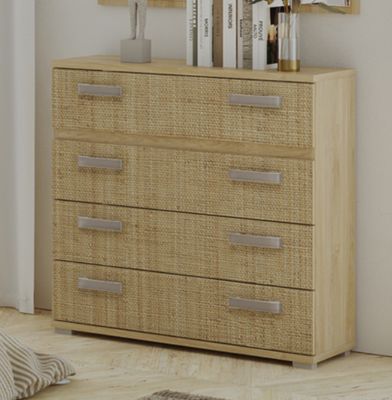 Commode, meuble de rangement coloris chêne cambrian/effet textile - Longueur 89 x Profondeur 39,6 x Hauteur 89,6 cm