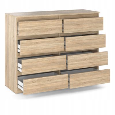 Commode moderne 120 cm Chêne Sonoma  avec 8 tiroirs - Grand meuble de rangement pour salon