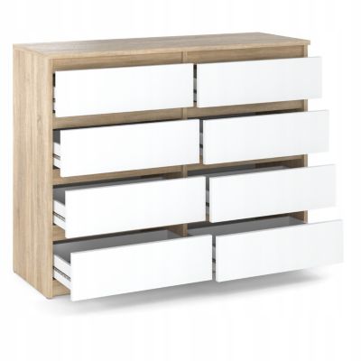 Commode moderne 120 cm Chêne Sonoma Blanc  avec 8 tiroirs - Grand meuble de rangement pour salon