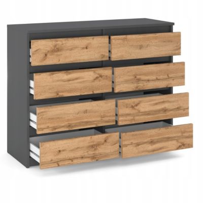 Commode moderne 120 cm Gris mat & Chêne Wotan - 8 tiroirs, grand meuble de rangement pour salon