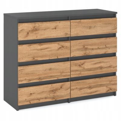 Commode moderne 120 cm Gris mat & Chêne Wotan - 8 tiroirs, grand meuble de rangement pour salon