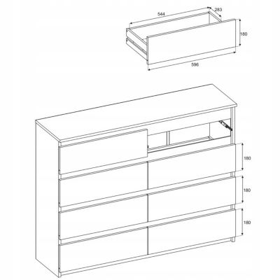 Commode moderne 120 cm Gris mat & Chêne Wotan - 8 tiroirs, grand meuble de rangement pour salon