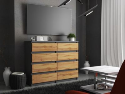 Commode moderne 120 cm Gris mat & Chêne Wotan - 8 tiroirs, grand meuble de rangement pour salon