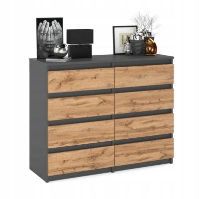Commode moderne 120 cm Gris mat & Chêne Wotan - 8 tiroirs, grand meuble de rangement pour salon