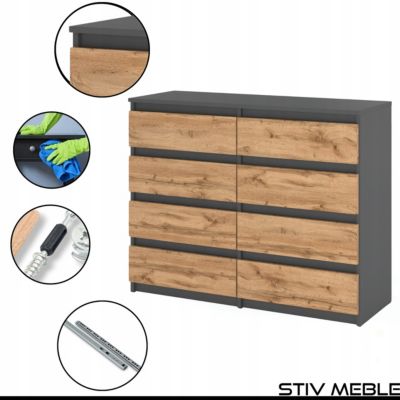 Commode moderne 120 cm Gris mat & Chêne Wotan - 8 tiroirs, grand meuble de rangement pour salon