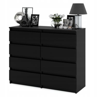Commode moderne 120 cm Noir mat  - 8 tiroirs, grand meuble de rangement pour salon