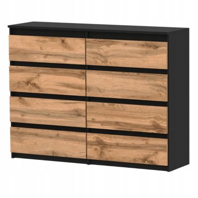 Commode moderne 120 cm Noir mat & Chêne Wotan - 8 tiroirs, grand meuble de rangement pour salon