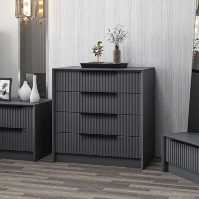 Commode moderne 4 tiroirs grise, façade rainurée BYRON