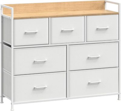 Commode Moderne 7 Tiroirs en Tissu avec Poignées, Meuble de Rangement, , Cadre en Métal, Blanc/Beige