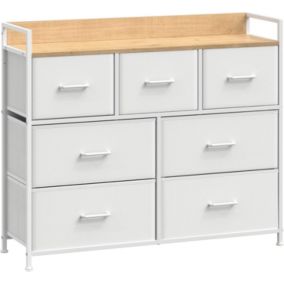 Commode Moderne 7 Tiroirs en Tissu avec Poignées, Meuble de Rangement, , Cadre en Métal, Blanc/Beige