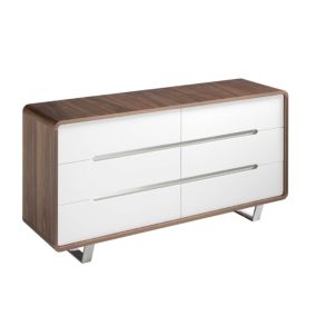 Commode moderne en bois blanc et noyer avec pieds en acier chromé