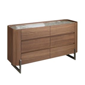 Commode moderne en noyer avec plateau en marbre porcelaine et pieds en acier inoxydable
