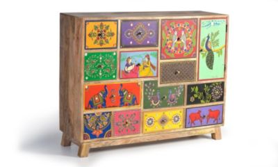 Commode multicolore en manguier peint à la main