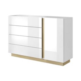 Commode MURARI - 4 tiroirs et 1 porte  - Blanc brillant et chêne