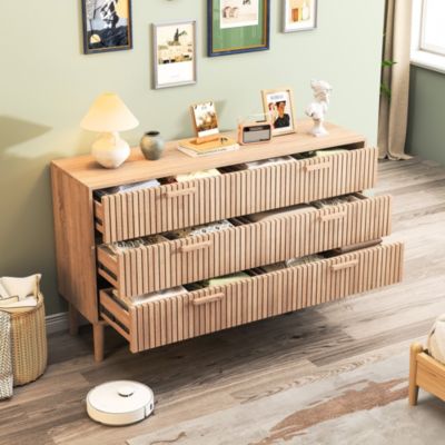 Commode naturelle 100 cm, Commode chambre avec 6 tiroirs, poignées bois, Meuble de Rangement salon, chambre