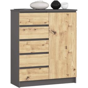 commode nauli 1 porte 5 tiroirs 97x35x80 cm anthracite facade bois naturel