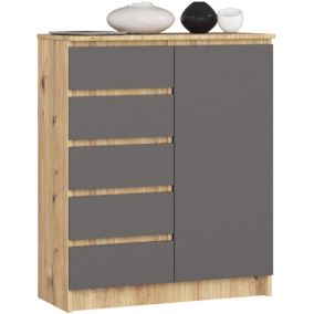 commode nauli 1 porte 5 tiroirs 97x35x80 cm bois naturel facade anthracite