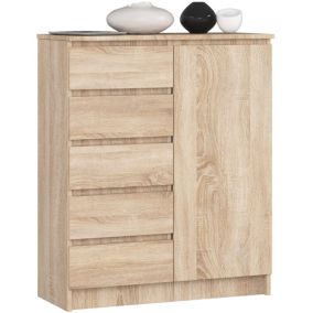 commode nauli 1 porte 5 tiroirs 97x35x80 cm bois naturel